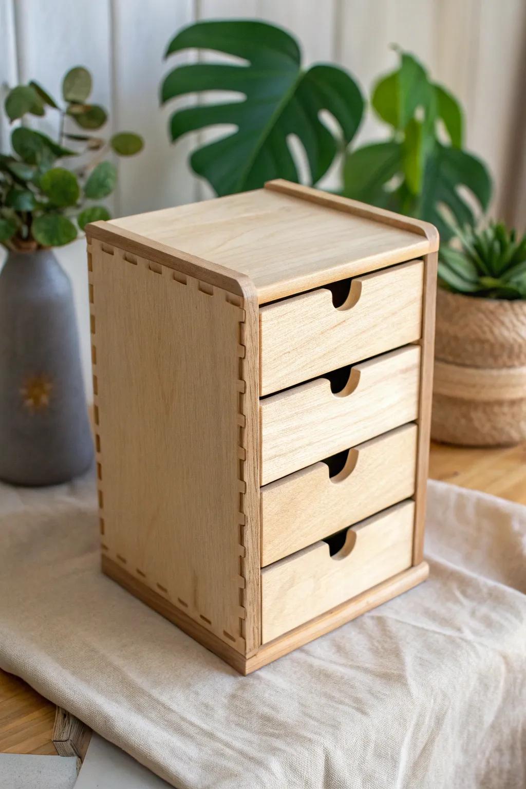 Mini birch drawer box organizer with smooth runners—calm, minimalist storage with bold color.