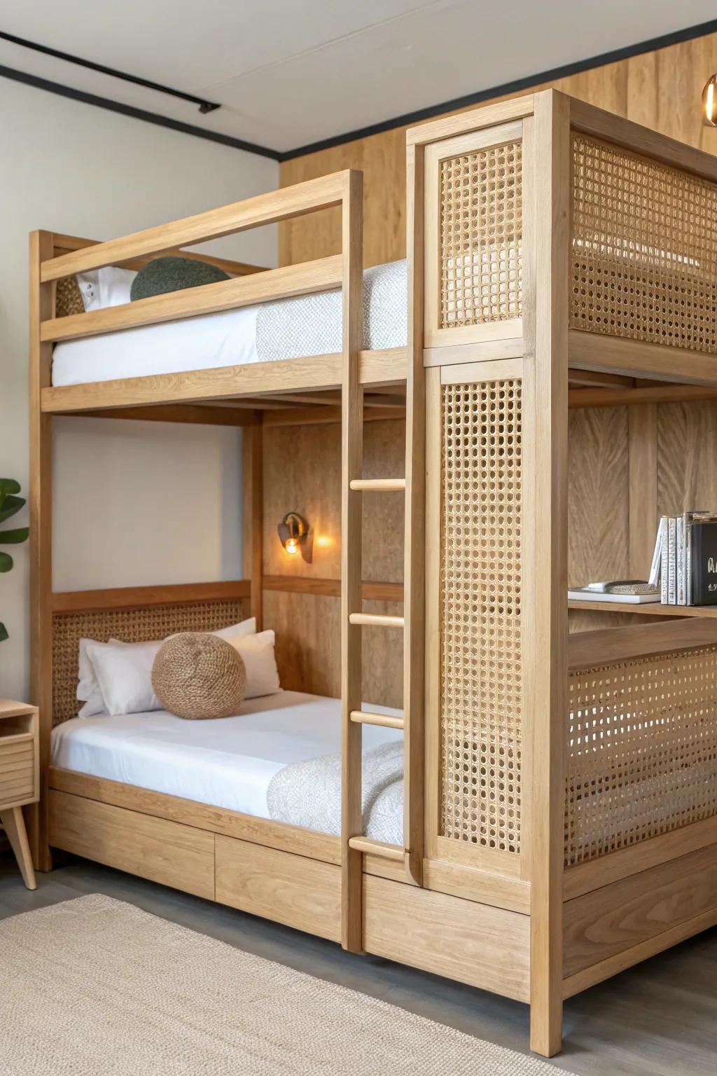 Boutique-hotel bunks: built-in sconces and tiny ledges for bedtime books and water.