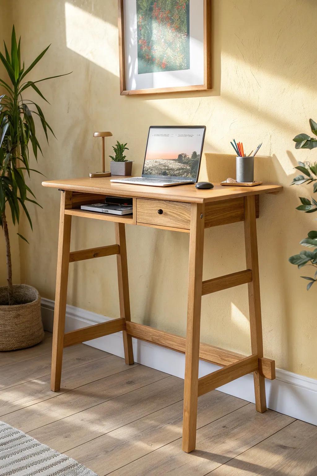 Fixed-height standing desk with a foot rail—clean oak lines and a bold terracotta accent.