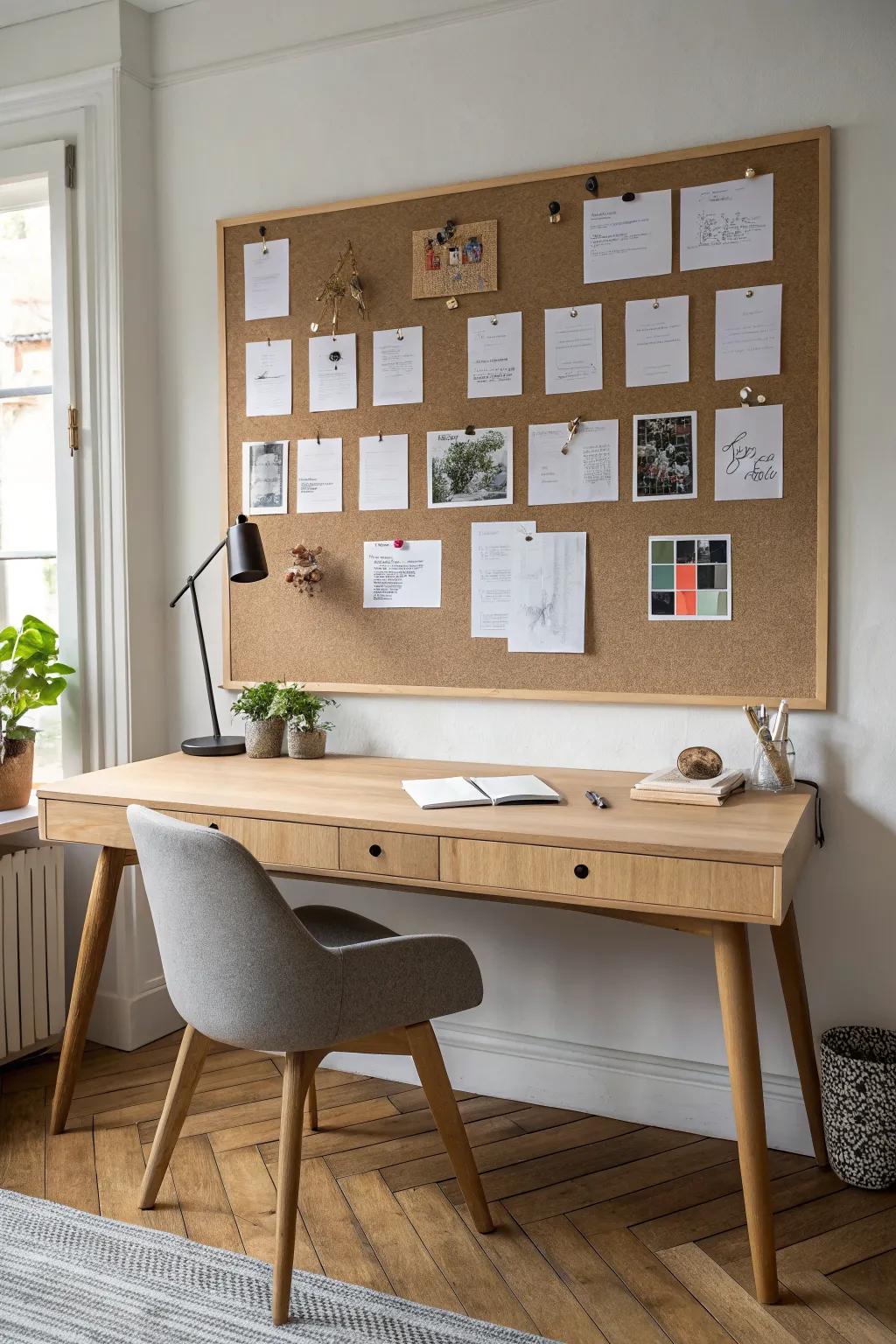 Go big: an oversized oak-framed pin board that turns your desk wall into a calm command center.
