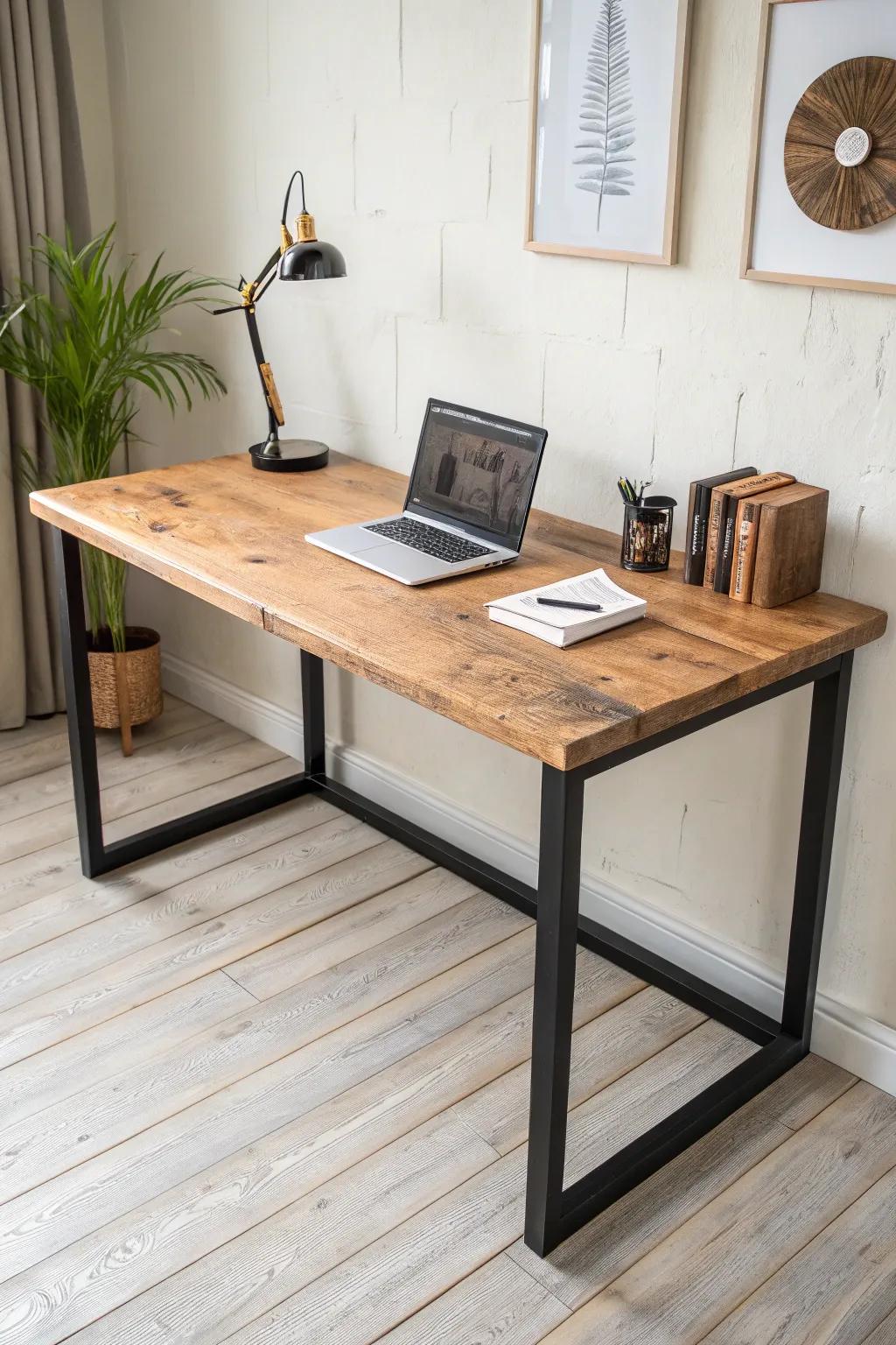 Rustic knotty wood top with sleek black metal legs—modern farmhouse desk with lasting character.