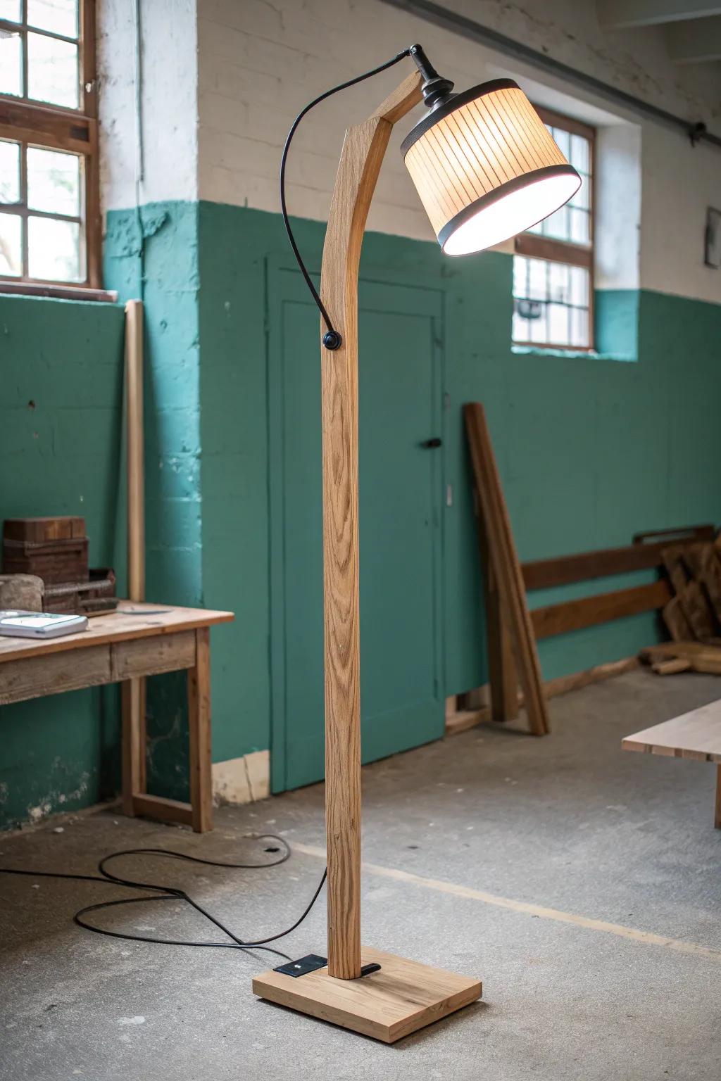 Handcrafted oak lamp with task + ambient glow—flip the mood from workshop bright to lounge warm.