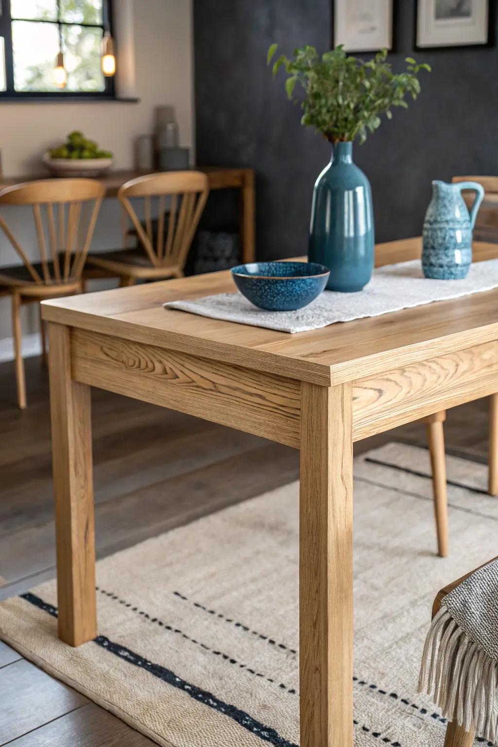 Match wood tones—an oak side table echoes the dining table for a seamless two-zone room.