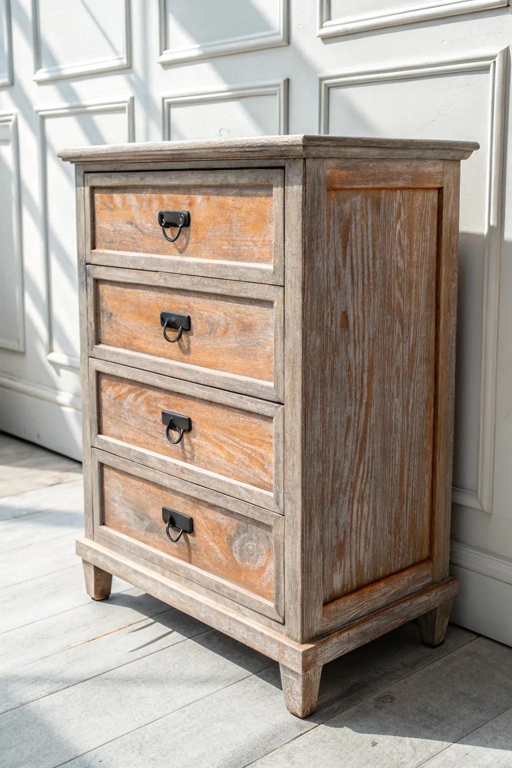 Coastal driftwood wash softens orange wood—grain still shines on a distressed dresser.