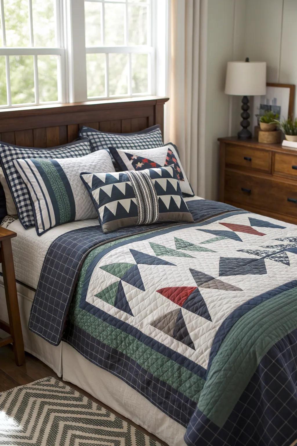 Elevate your space with artisanal patterned bedding that ties the room together with bold, masculine charm.