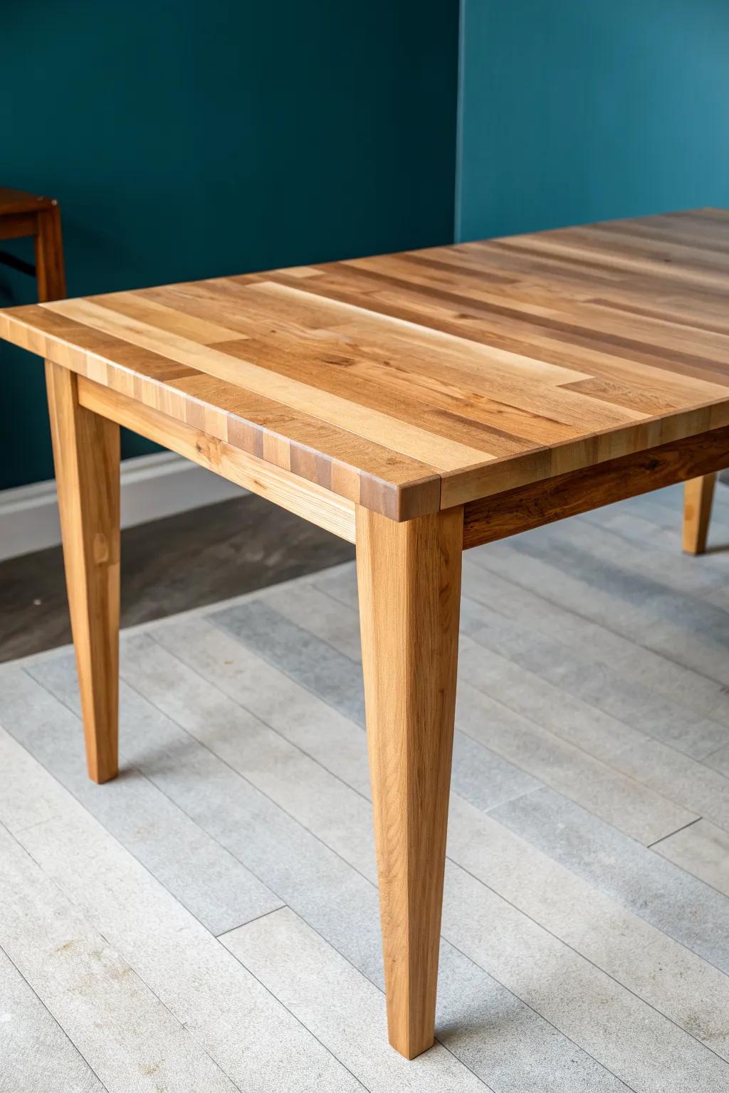 DIY butcher block dining tabletop with softly rounded edge—warm wood meets bold modern contrast.