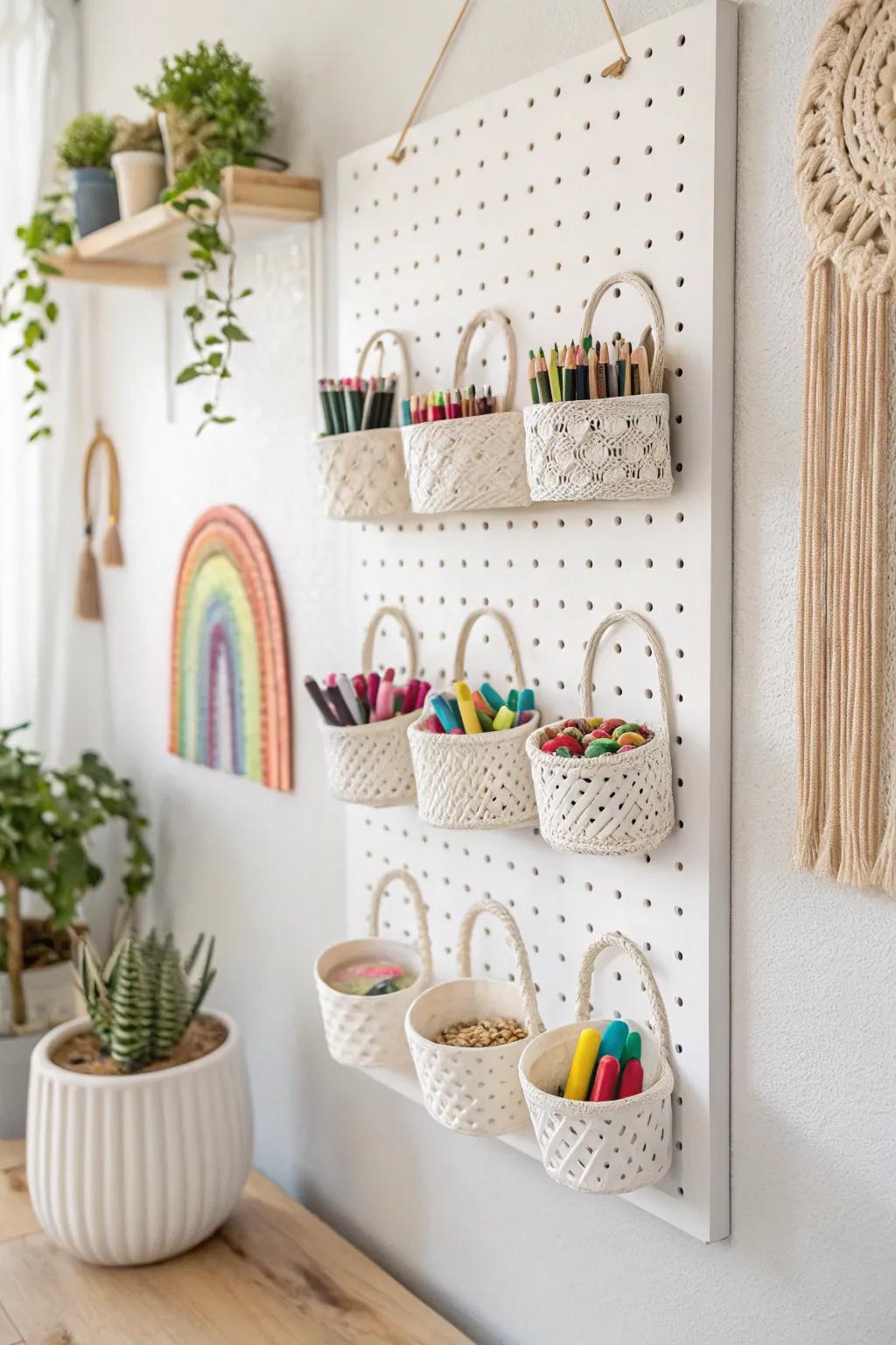 Transform your art space with this chic Pegboard Crayon Wall—where organization meets style in a splash of color!