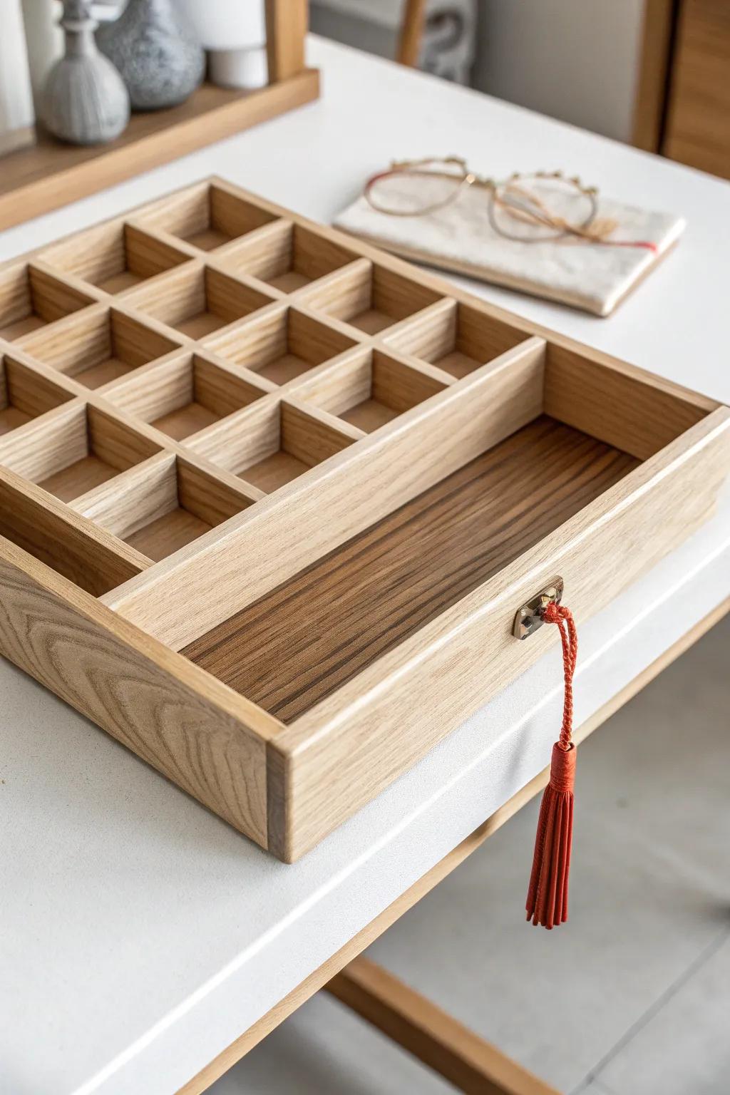 Custom-fit wood drawer dividers for a clean desk—minimal, boho-touched, and beautifully precise.