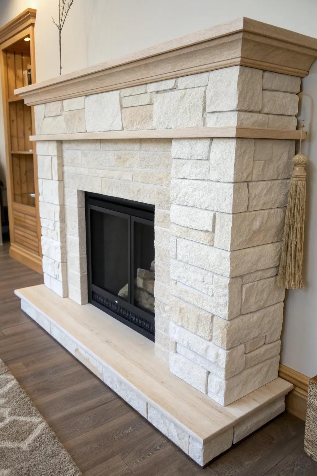 Stone-look veneer + oak trim: a lightweight DIY fireplace surround with cozy lodge contrast.