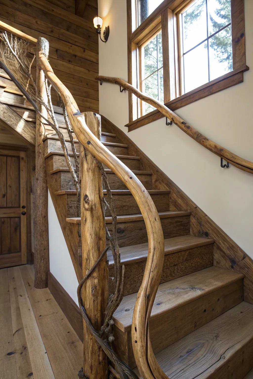 Nature meets craftsmanship: Transform your space with a stunning natural branch handrail.
