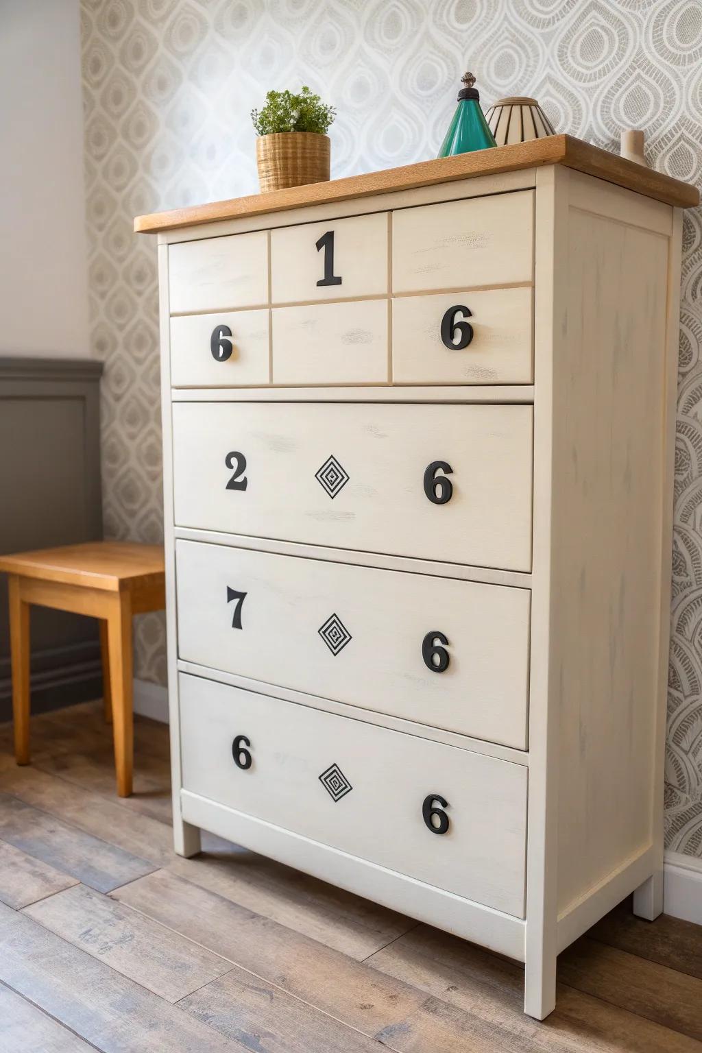Transform an old dresser with bold stenciled numbers for crisp, modern Scandinavian charm.