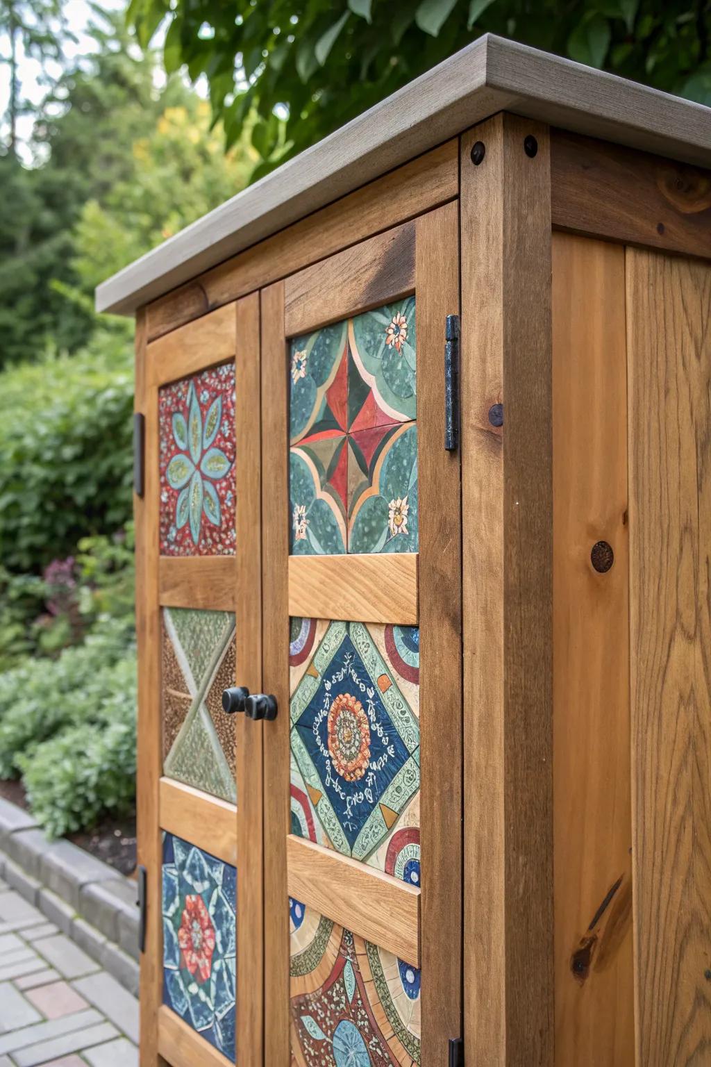Add a touch of artistry to your outdoor space with handcrafted tiled mosaic cabinet doors.