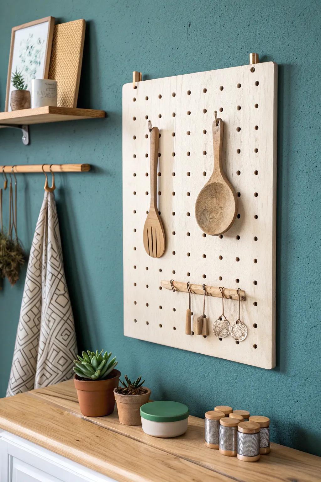 Birch pegboard backsplash: a flexible, clutter-free way to hang and swap play-kitchen tools.