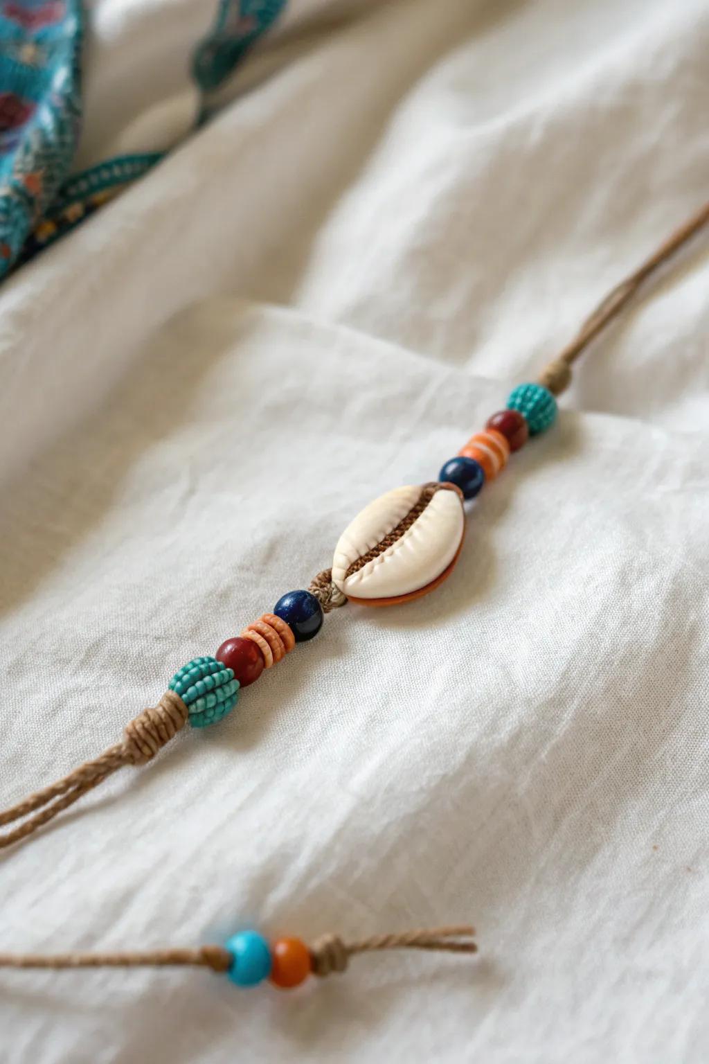 Embrace the ocean's charm with this handcrafted seashell rakhi. Perfect for lovers of simplicity and natural beauty. 🌊✨ #DIYRakhi #BohoElegance