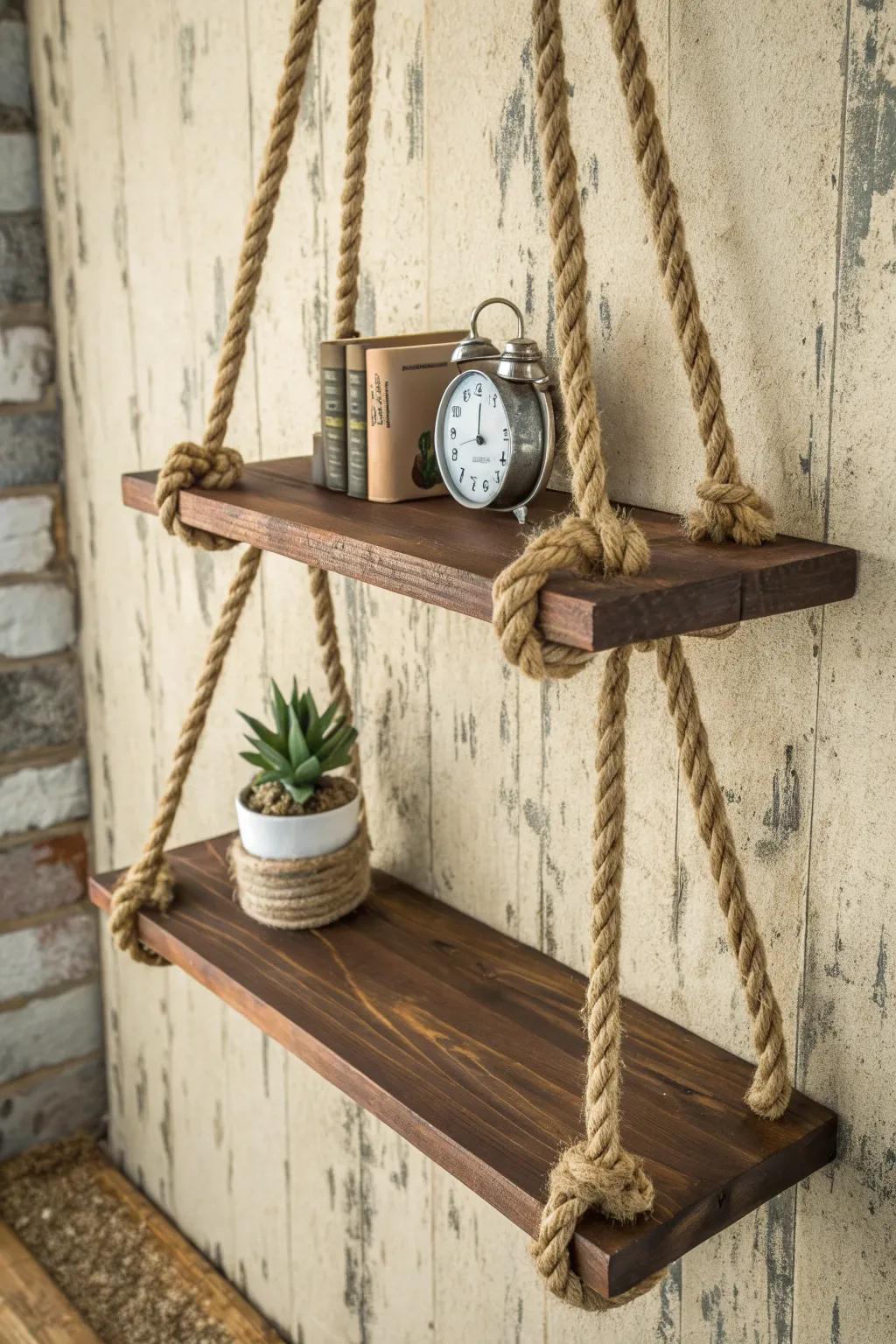 Elevate your space with the charm of handcrafted hanging rope shelves – a blend of nautical elegance and rustic craftsmanship.