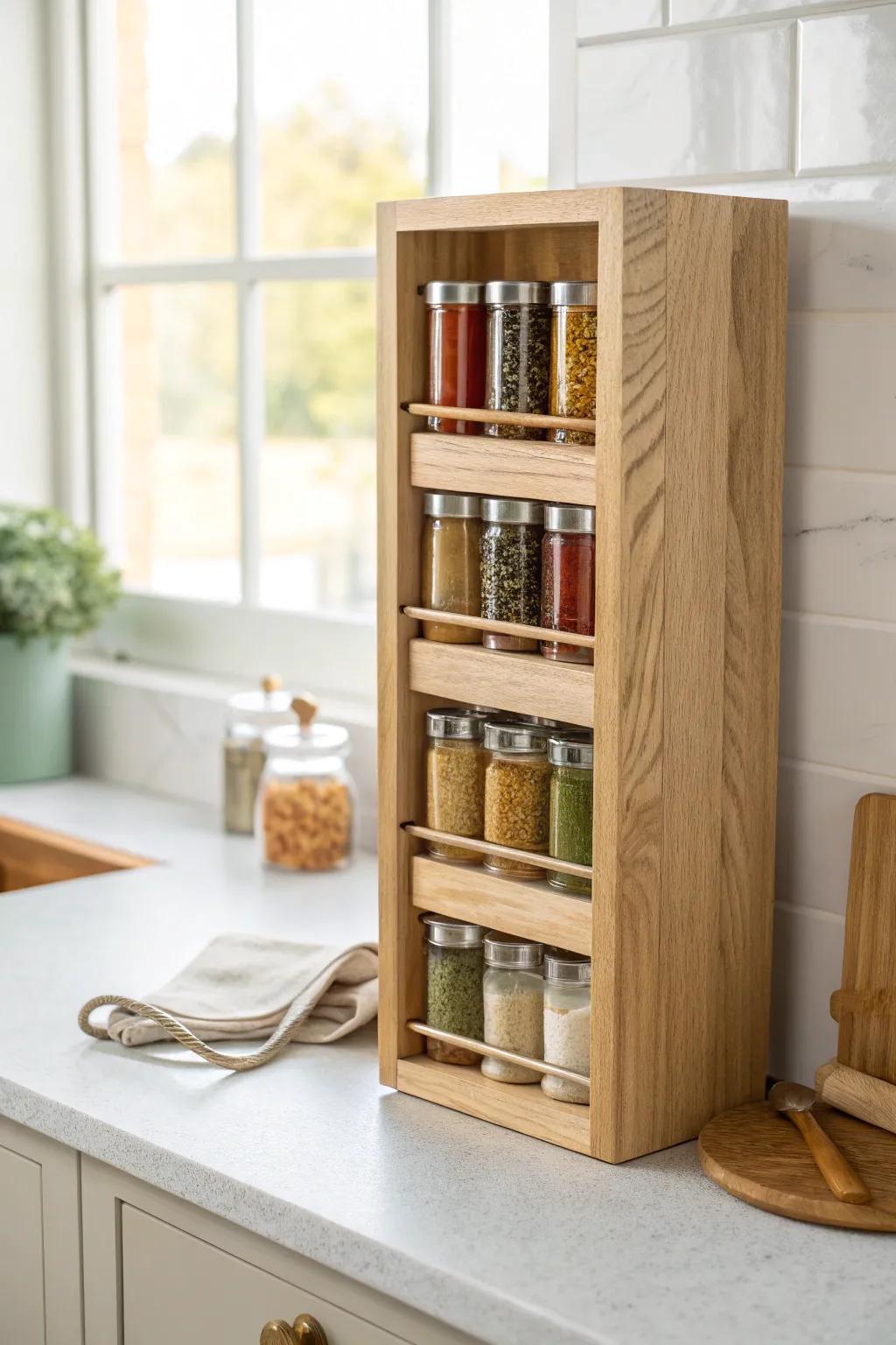 Slim pull-out spice tower in light oak—big storage, tiny footprint, and beautiful contrast.