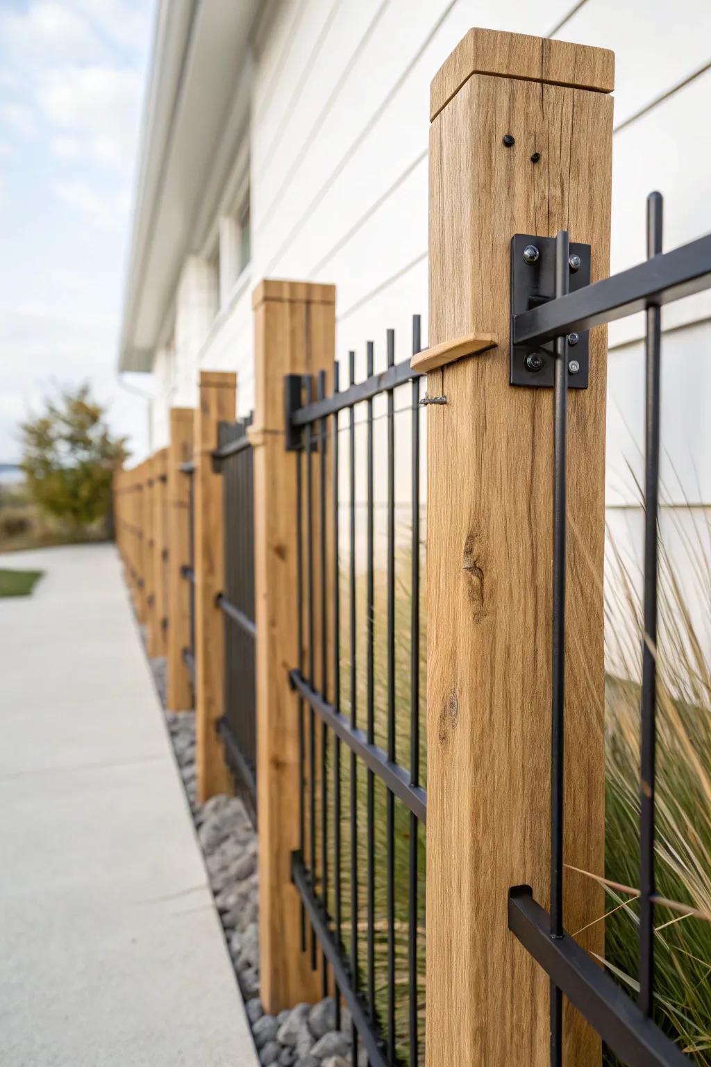 Matte-black metal pickets paired with chunky wood posts for a strong, warm dog fence look.