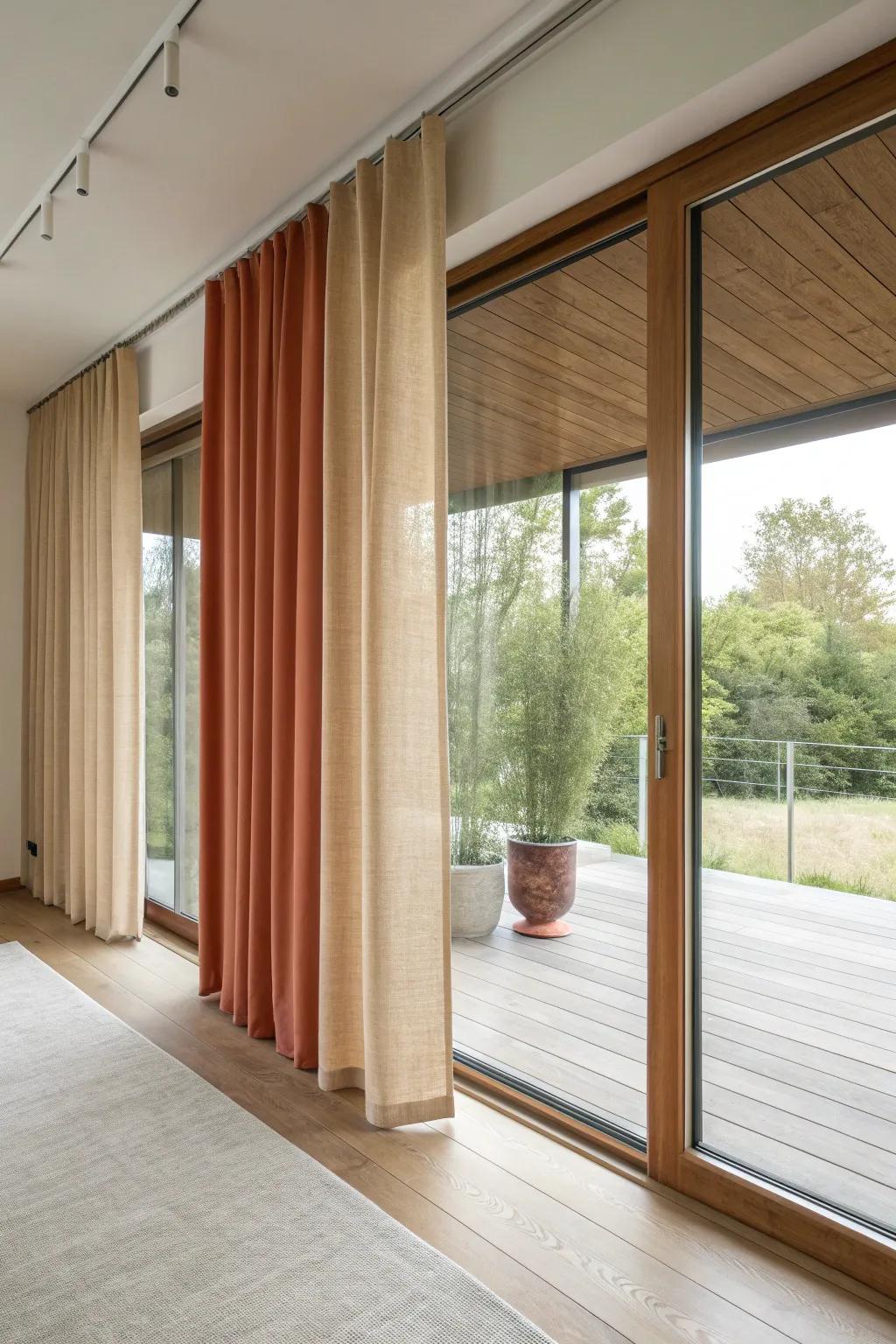 Modern panel track curtains: sleek light control with warm oak detail and a bold boho accent.