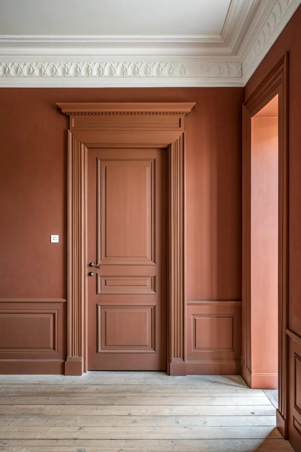 Color-matched doorway trim for a calmer, high-end hallway—minimal Scandi with warm boho tone.