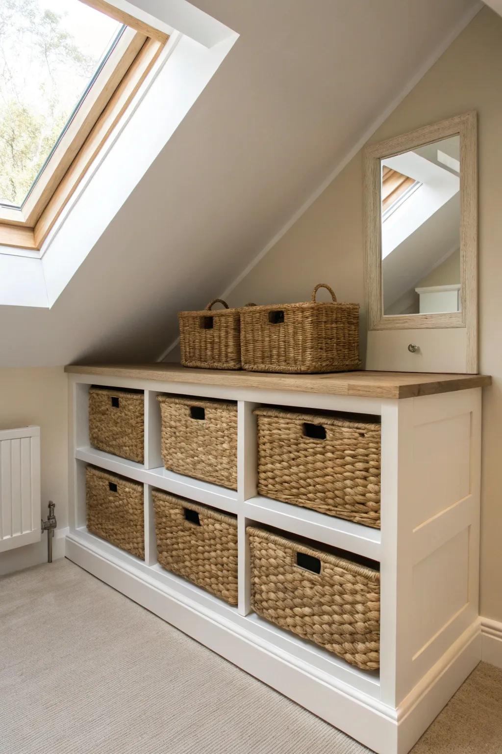 Built-in dormer cubbies with basket inserts—tidy storage that works under a sloped roof.