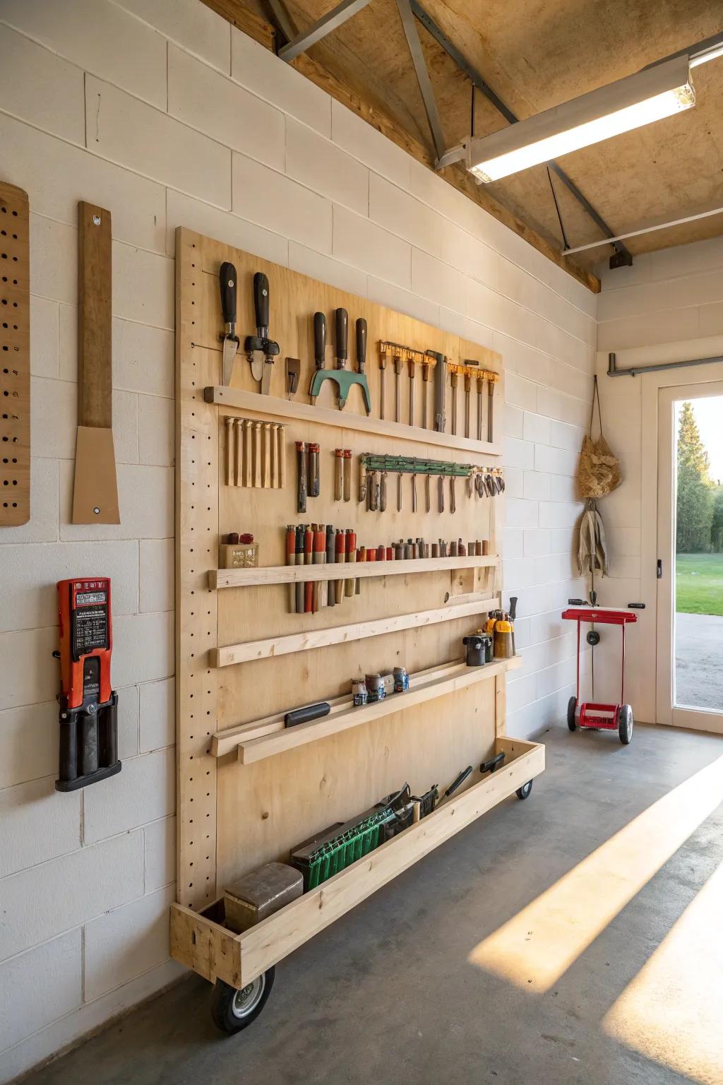 Clean French-cleat tool wall + warm wood tones—double garage width makes the dream shop possible.