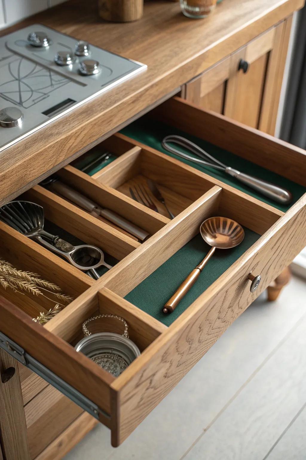 A single drawer, perfectly divided—jigger, strainer, spoon—your dresser bar stays serene.