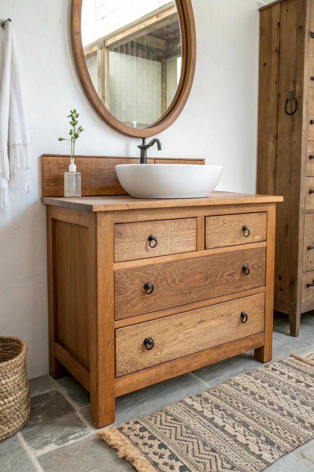 Boost vanity comfort: a sturdy skirted base frame elevates a dresser for a built-in look.