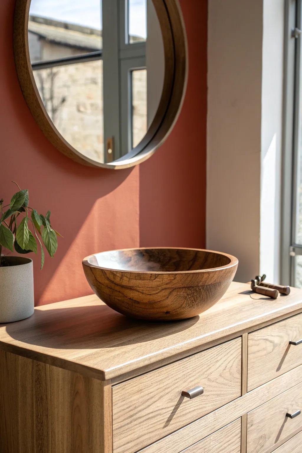 A hand-turned wood bowl under the mirror adds warm grain texture and a chic catch-all spot.