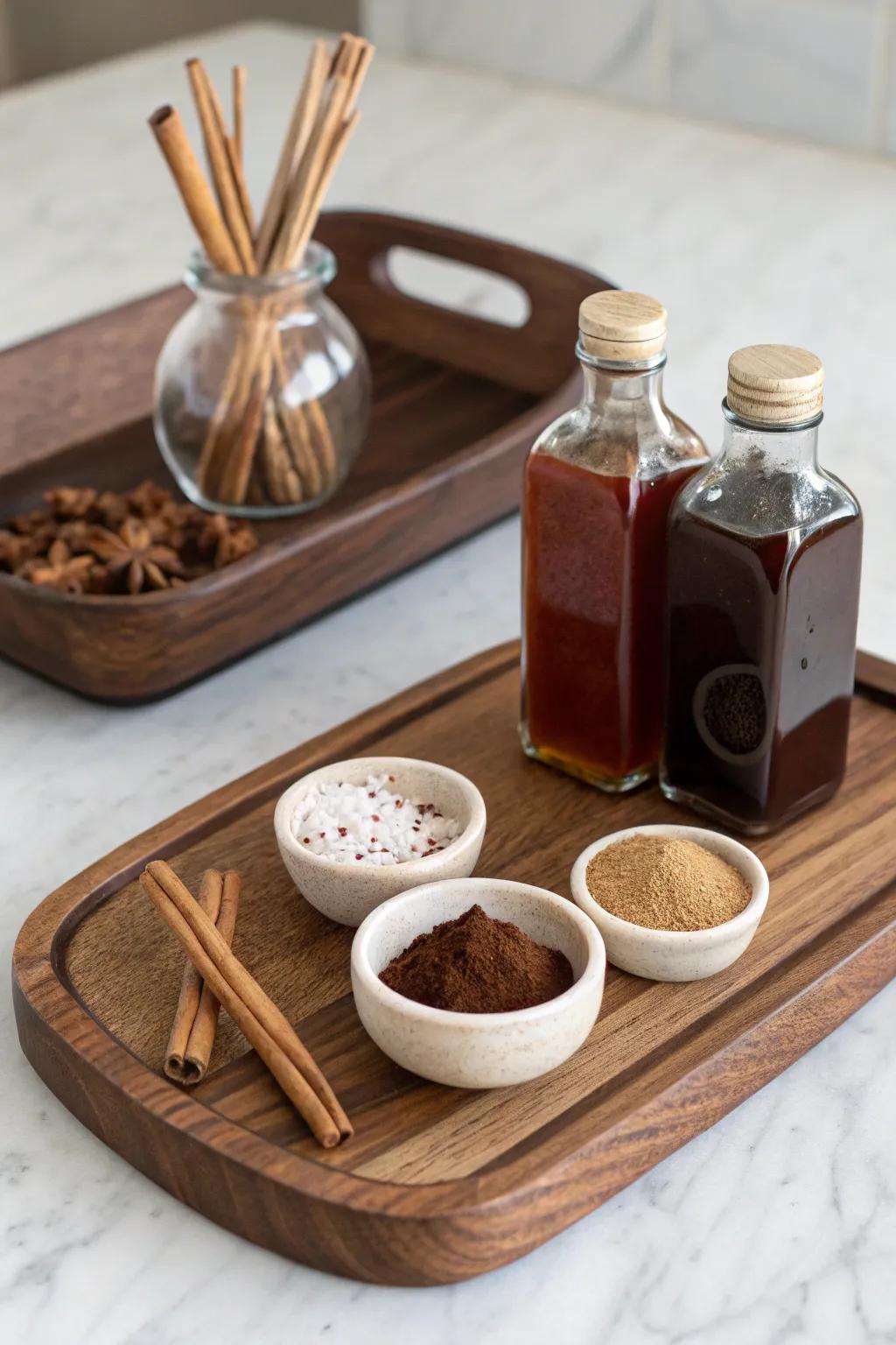 Coffee & latte toppings board: syrups, cocoa, cinnamon, cookies—café vibes in your kitchen.