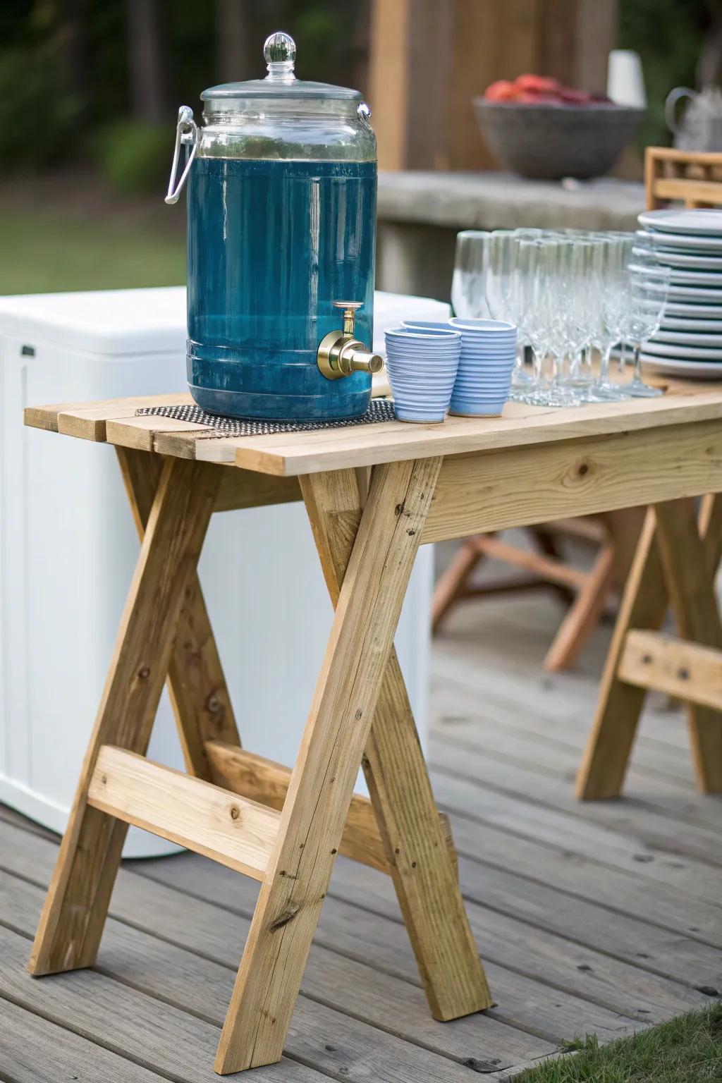 Sawhorse + plank drinks table: portable, sturdy, and chic—plus a clamped lip for no spills.