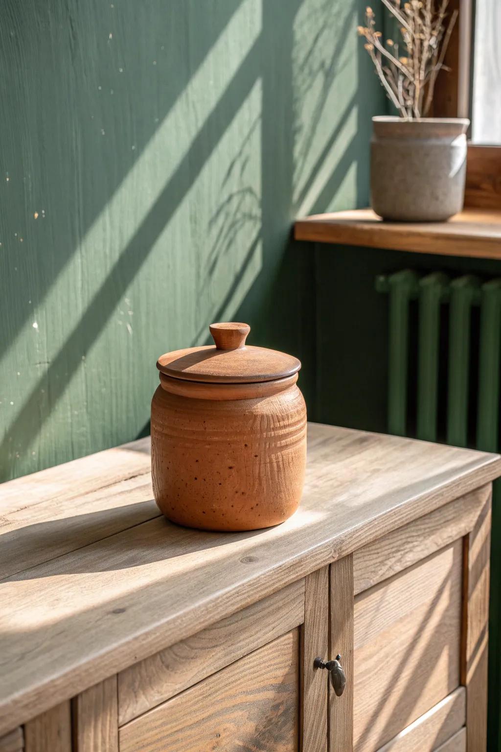 Terracotta canister on pale oak vanity—minimal earthy storage with bold olive contrast.
