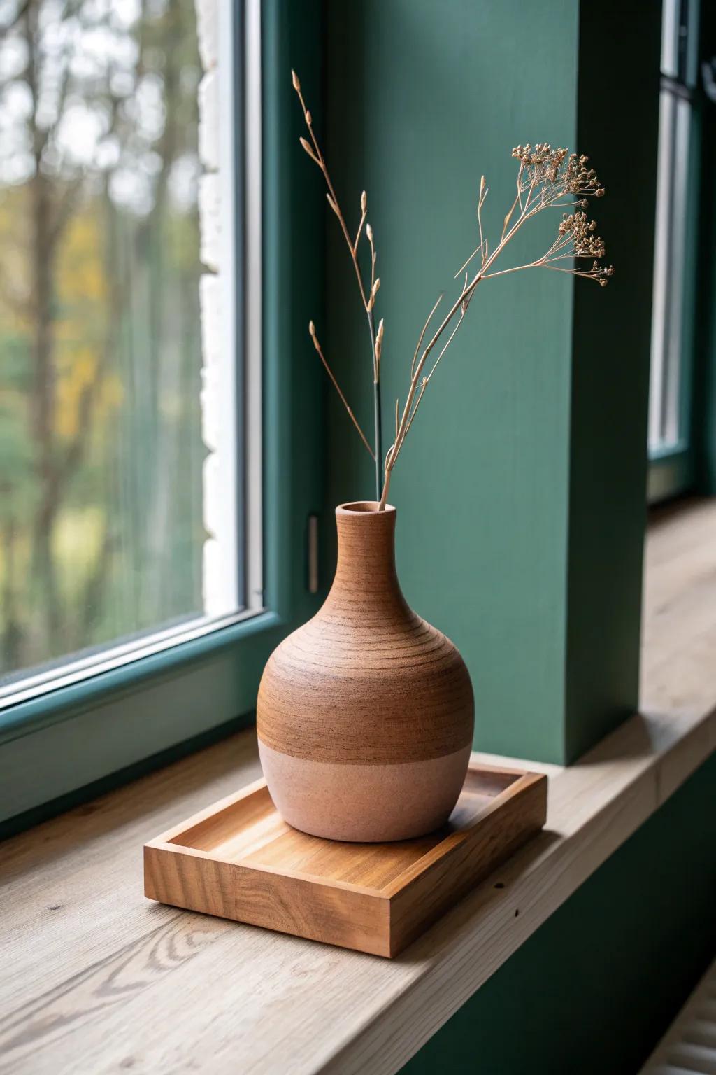 Matte clay + raw oak + one dried stem—an earthy, minimalist vignette with bold contrast.