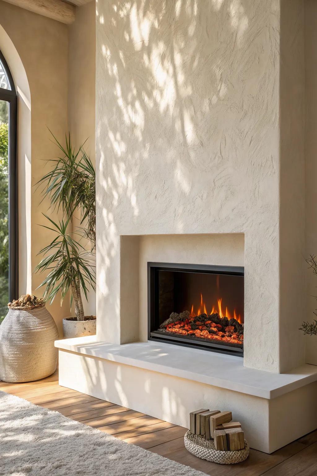 Smooth plaster-look surround + glowing electric fireplace for a calm, modern accent wall.