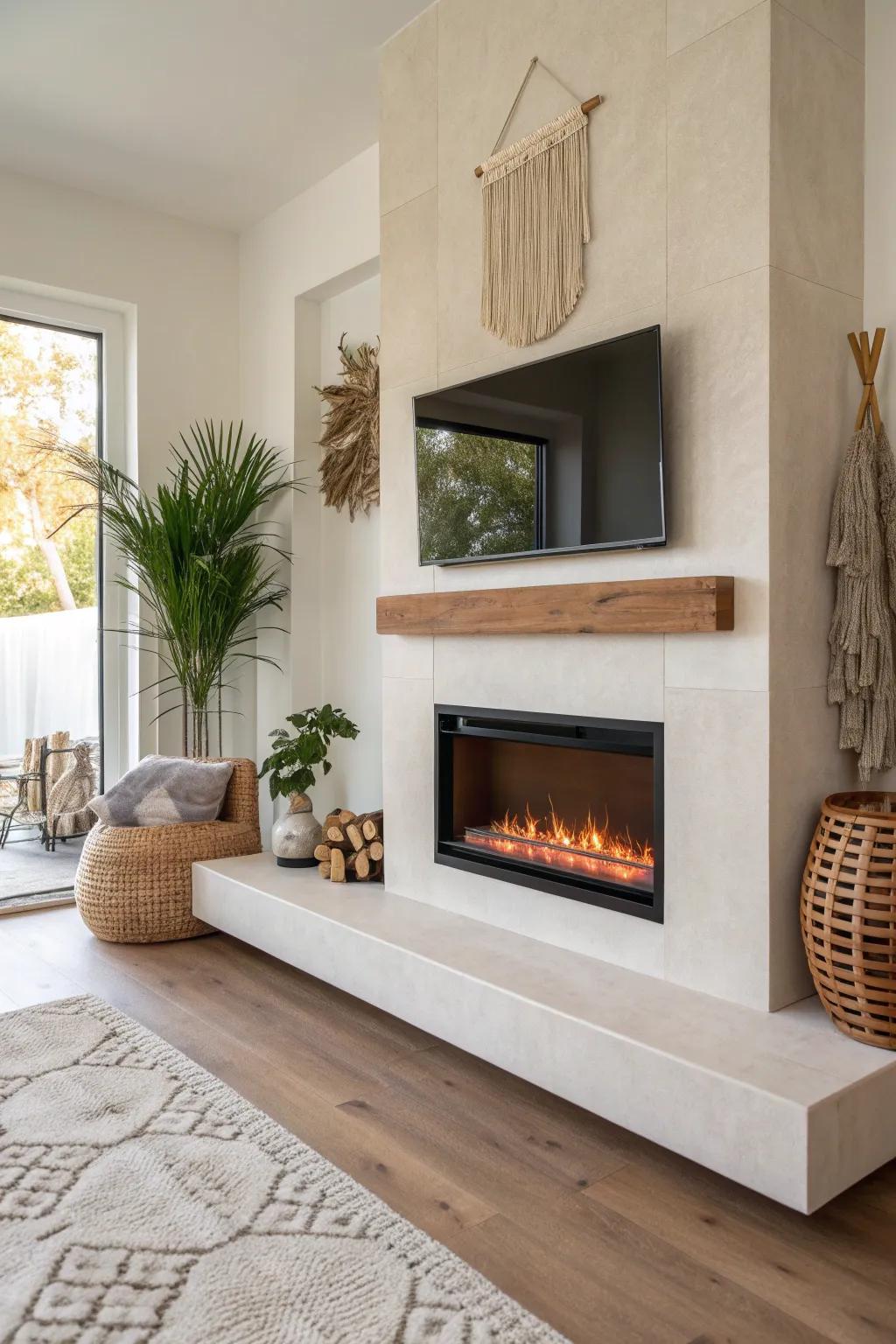 Flush recessed electric fireplace with light-oak trim—clean built-in look, bold warmth.