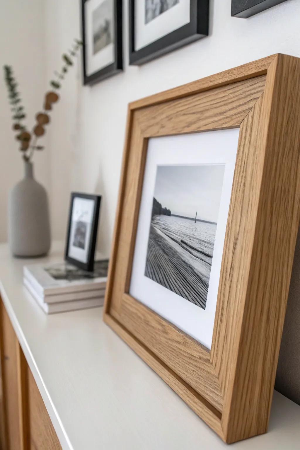 One handcrafted oak frame + bold black-and-white print for a clean, curated office wall.