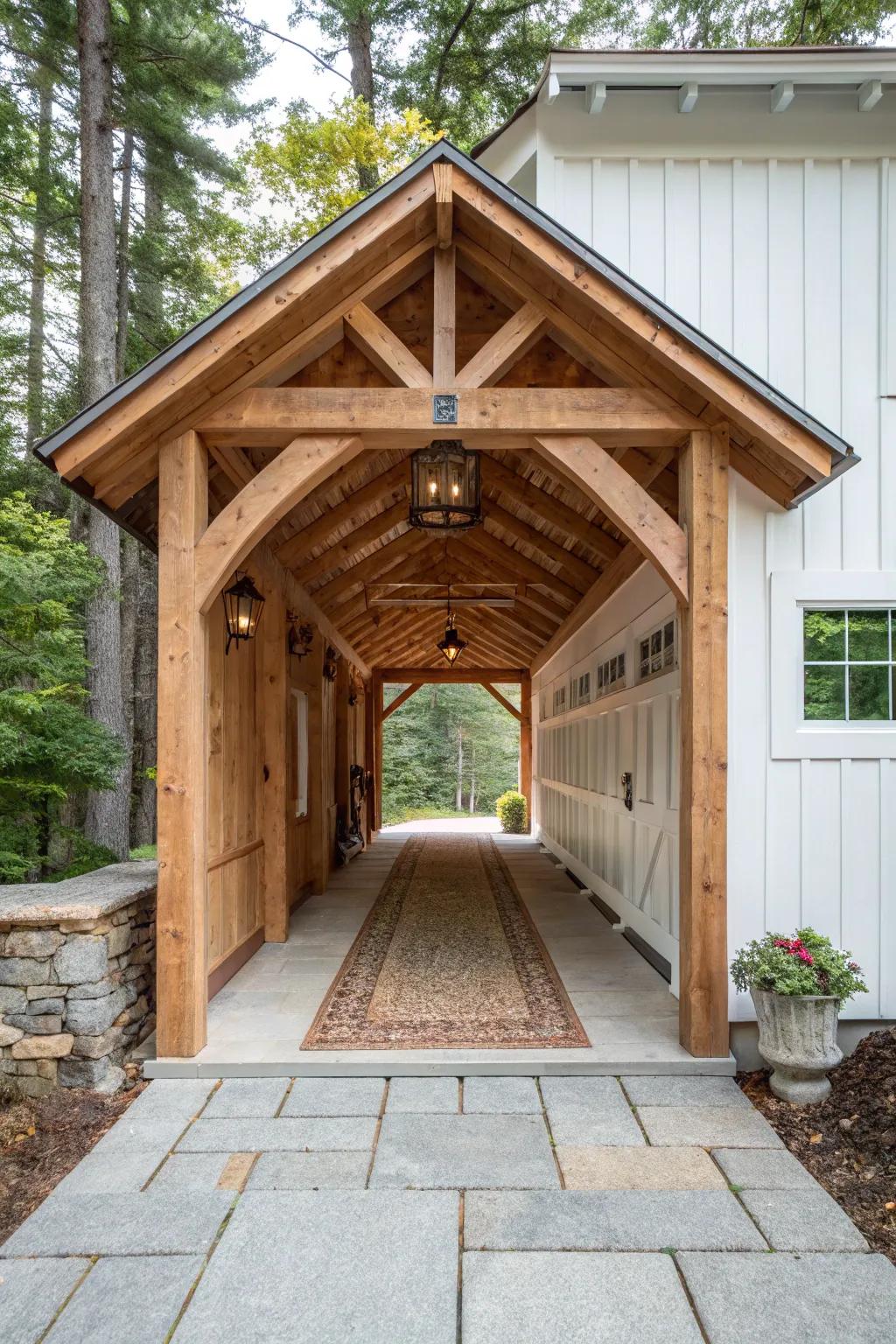 Exposed knee braces and reclaimed timber joinery turn a simple walkway into a handcrafted showpiece.