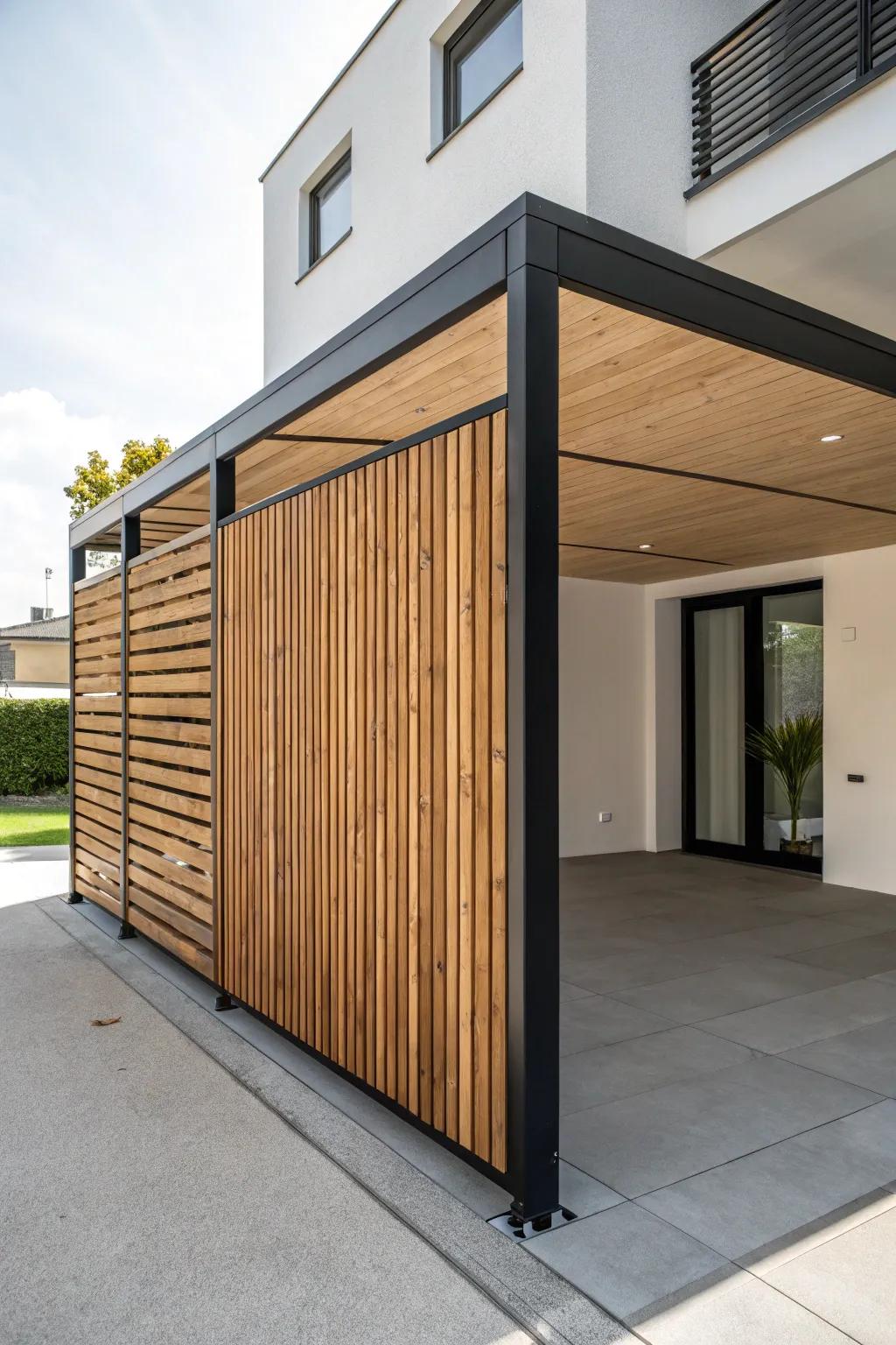 A slatted wood side panel blocks wind and rain—while keeping your carport open and easy to park.