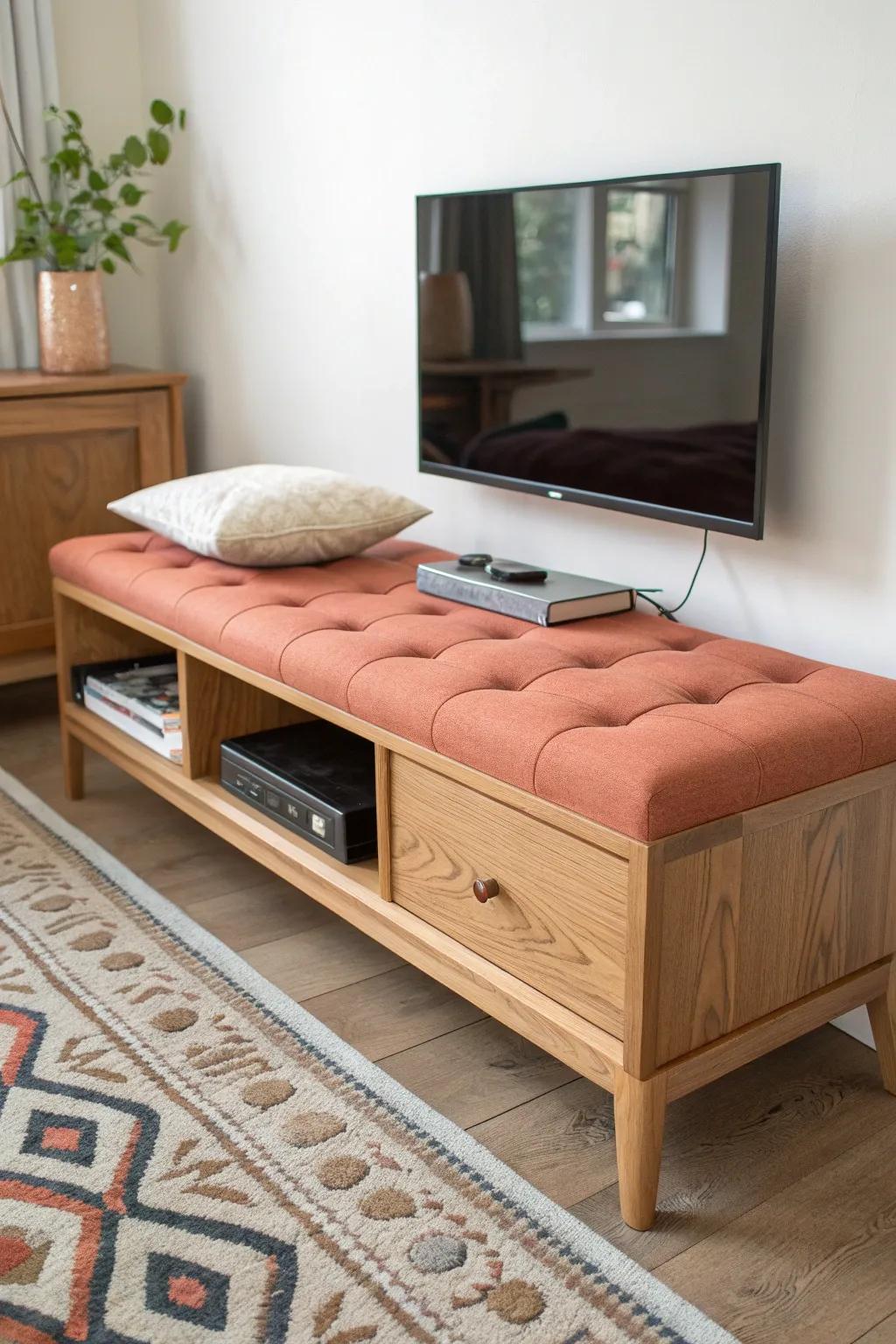 A cushioned oak bench TV stand with hidden blanket storage—minimal, warm, and practical.
