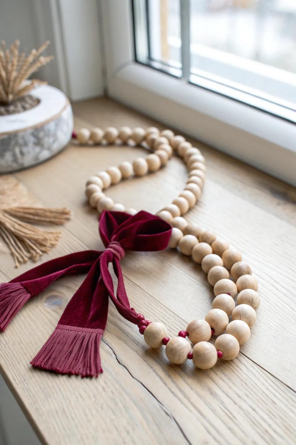 A simple wood bead garland loop with cranberry ribbon—minimal, festive, and handmade.