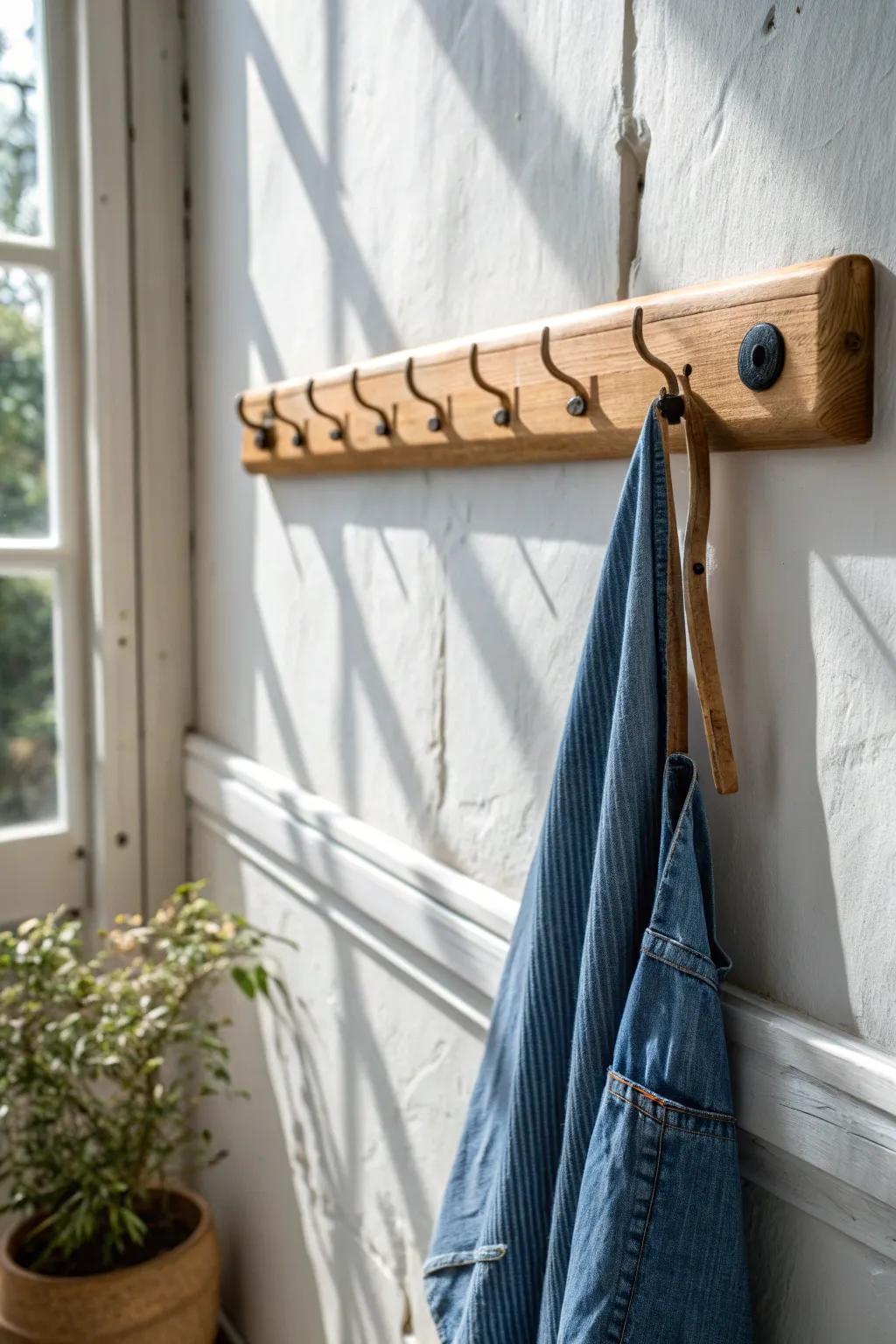 Warm-stained maple peg rail—cottage-simple storage with artisan details and calm boho charm.