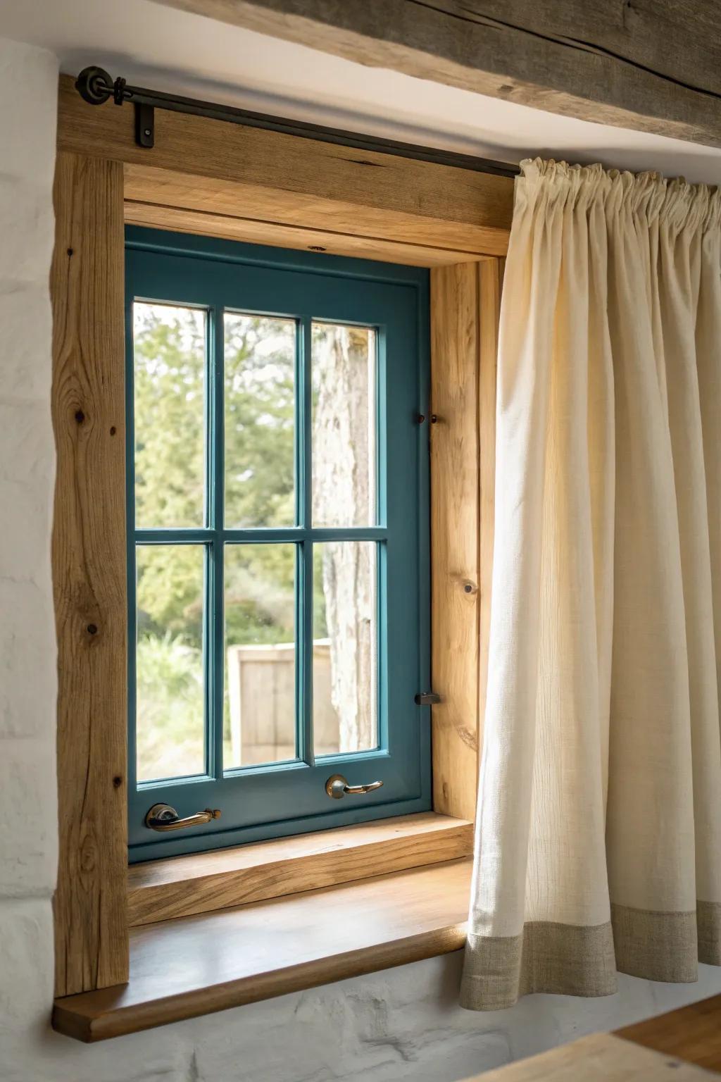 Linen cafe curtains in a handcrafted oak window frame—soft light, instant cottage charm.