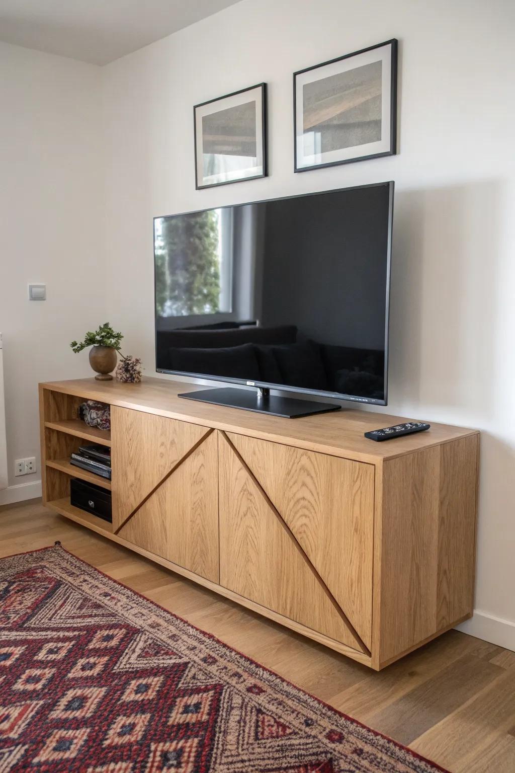 A corner-mounted TV feels custom with a crisp angled floating oak base and bold contrast.