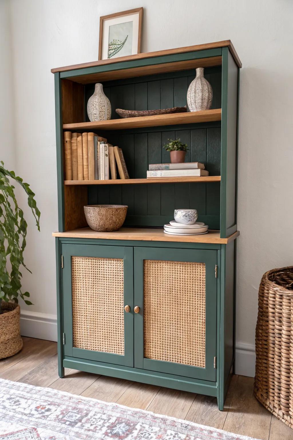 Hutch-style entryway bookshelf: display books & pottery up top, hide the “where did this come from?” pile.