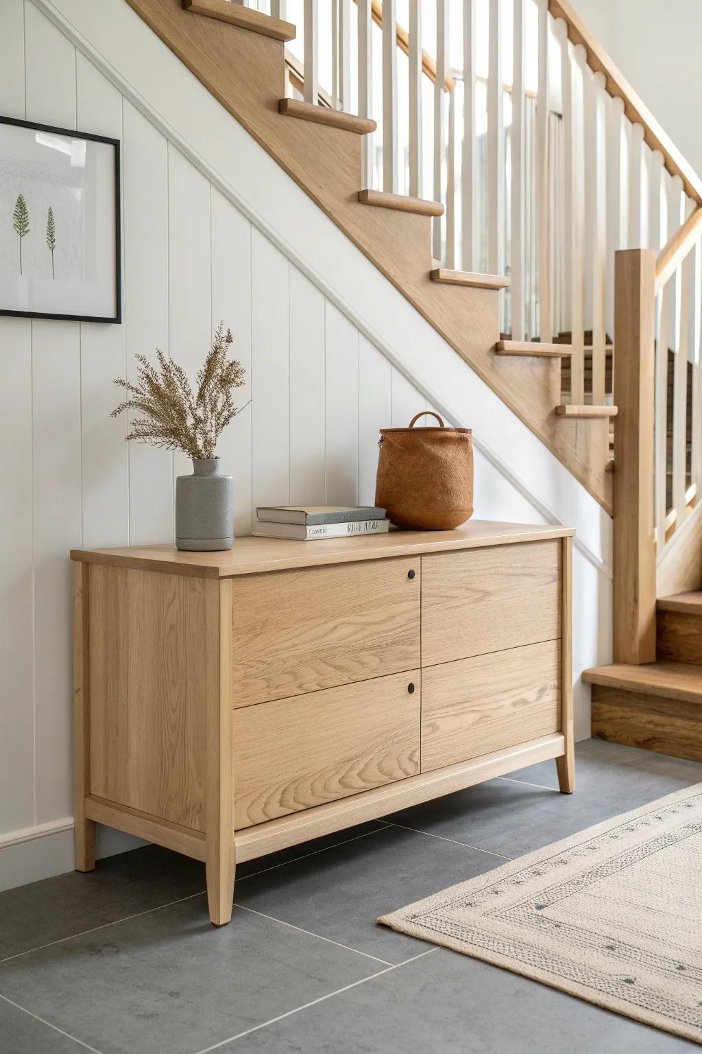A low oak chest that fakes a built-in under the stairs—seamless trim, bold contrast, cozy vibes.