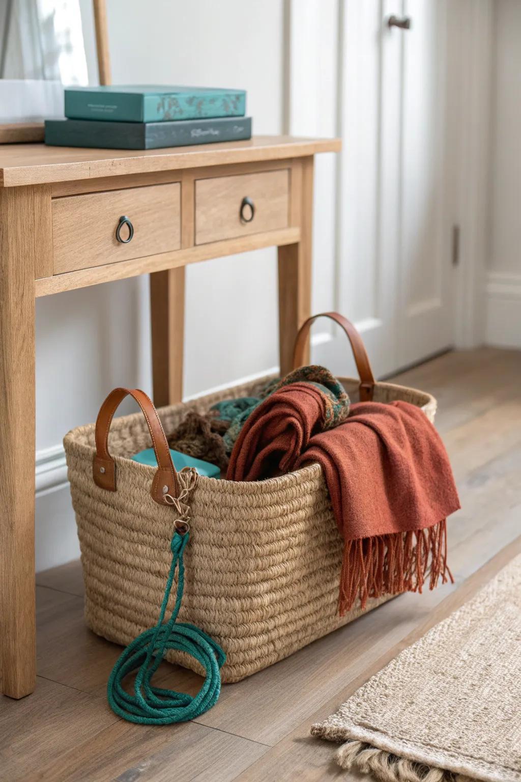 A woven basket under a pale oak console table keeps entryway clutter calm and chic.