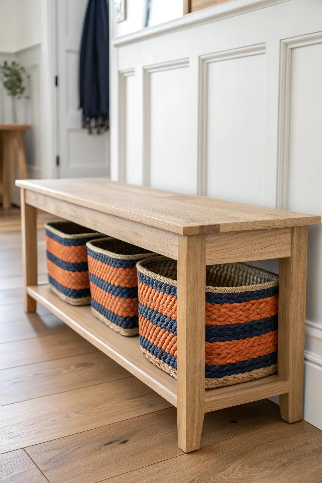Woven baskets glide under a handcrafted oak bench—pretty storage that hides entryway clutter.