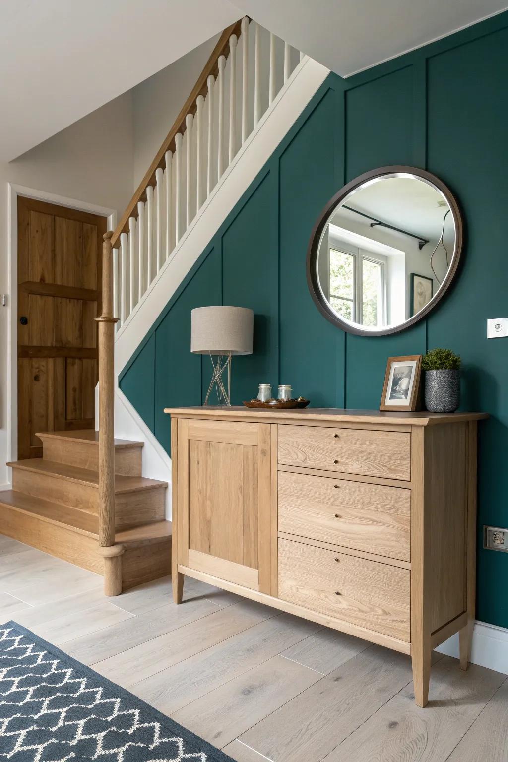 Turn the under-stairs corner into a custom nook with a slim sideboard and light-bouncing mirror.
