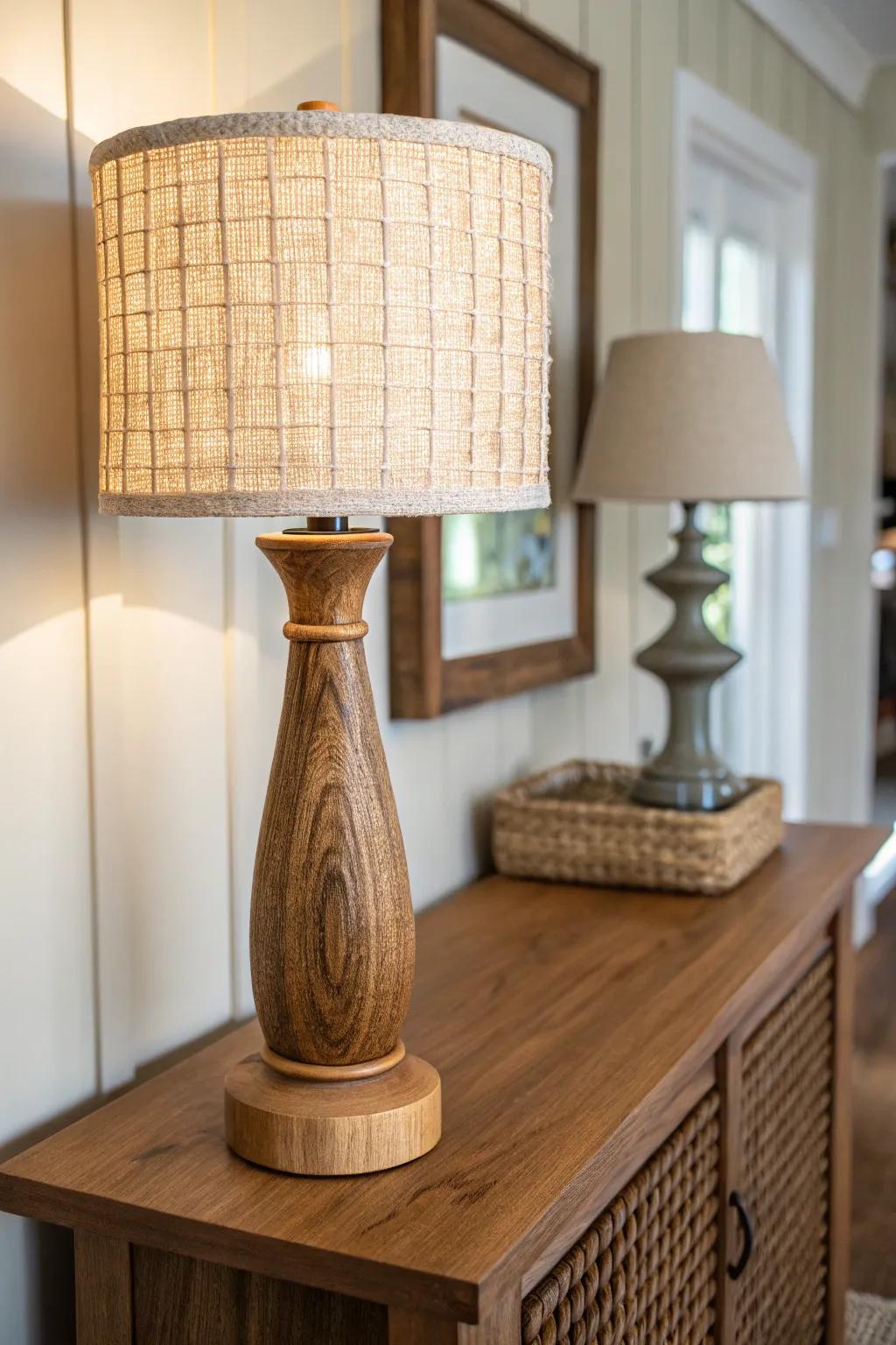 Textured woven shade + warm oak base: the coziest entryway lamp glow with artisan charm.