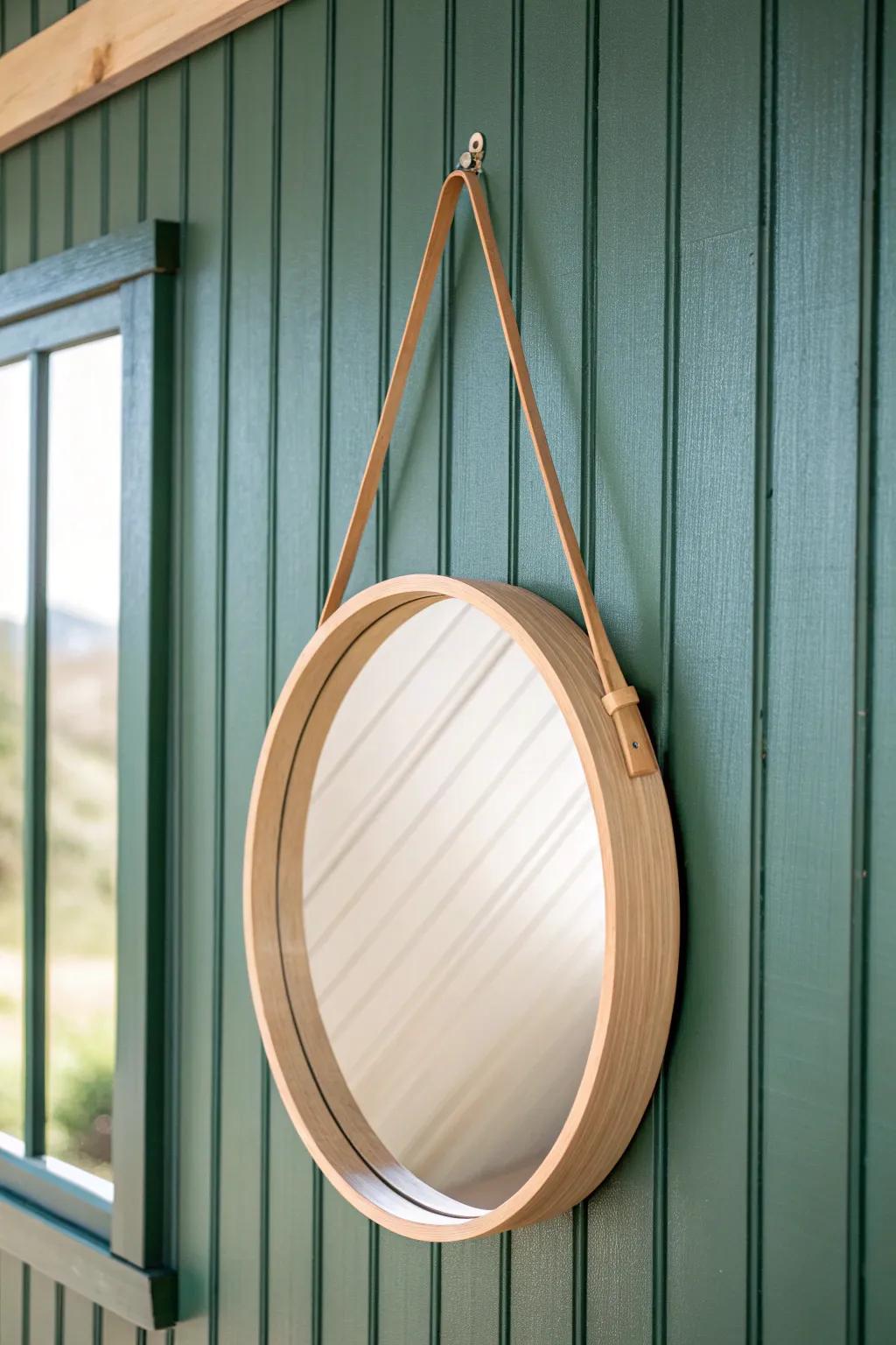 Round oak mirror on bold sage shiplap—instant texture that makes a small entryway feel taller.