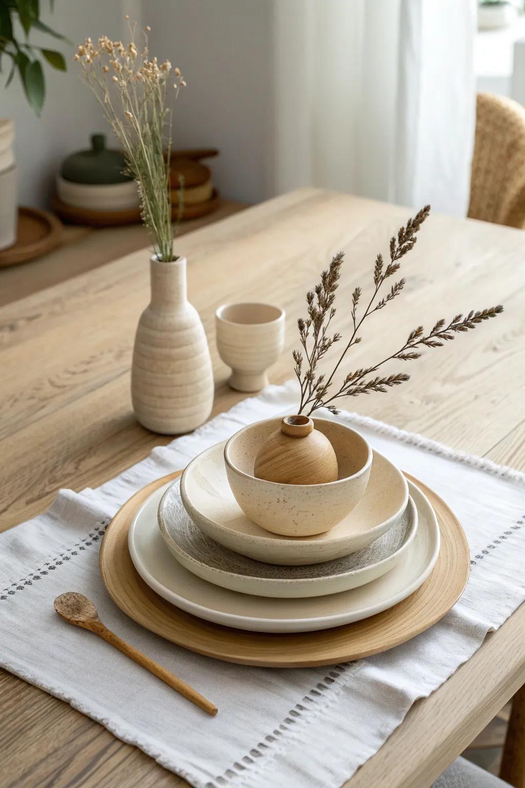 Stacked everyday plates + a tiny wooden vase—simple, useful, and instantly styled.